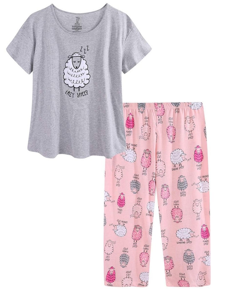 CHUNG Women Cotton Pajamas Set Short Sleeve Top Capri Pants Sleepwear Plus Size,Grey Sheep,3XL - Image 5